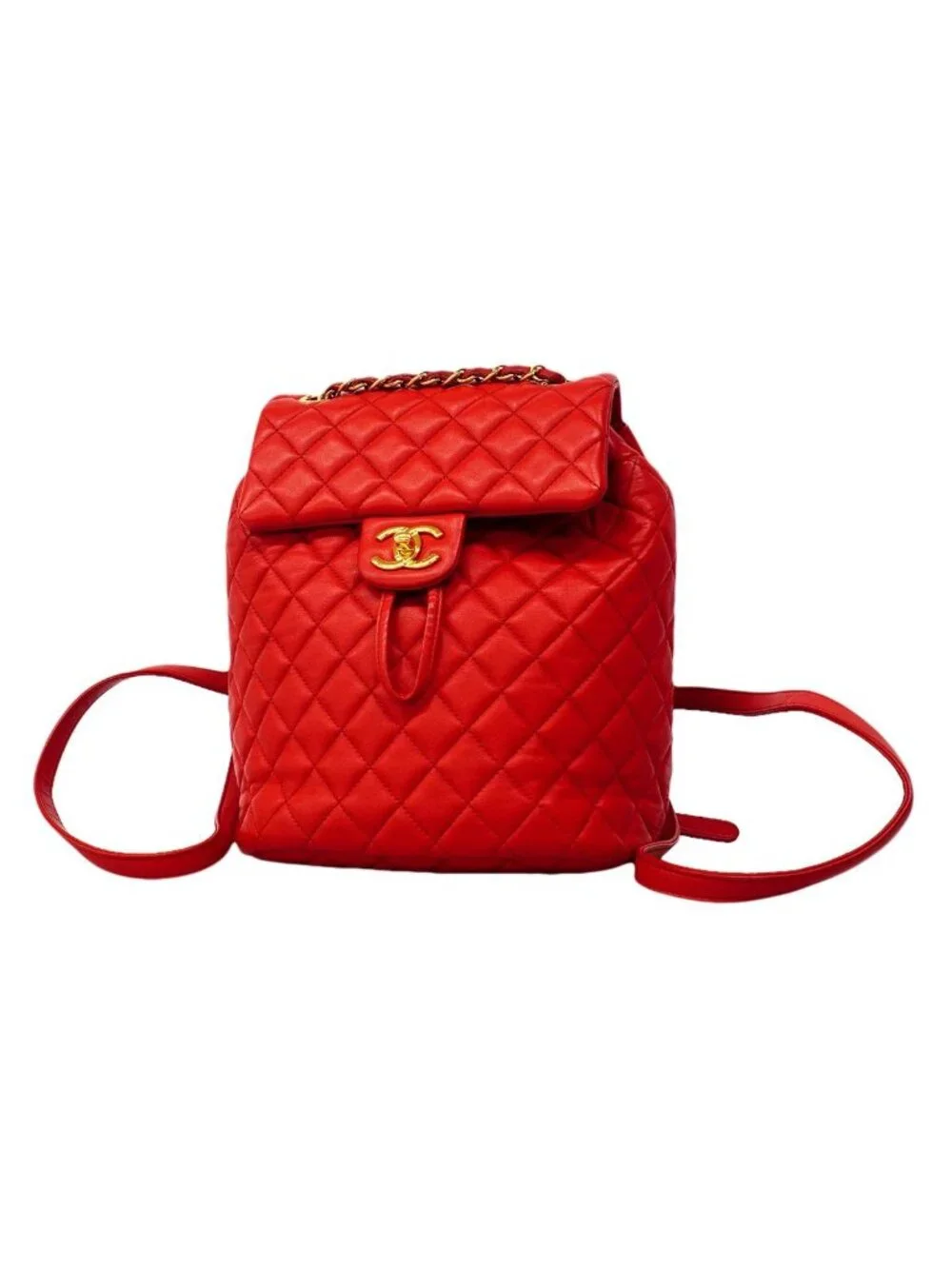 Chanel Backpack Quilted Lambskin Red Gold